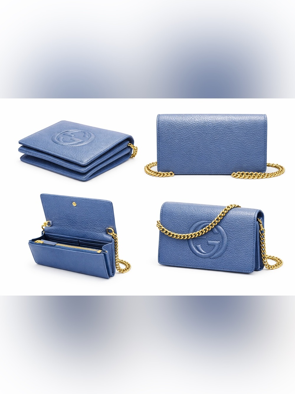 Gucci Blue Pebbled Logo Wallet-on-Chain Crossbody Bag w/ Gold Chain Strap w/COA